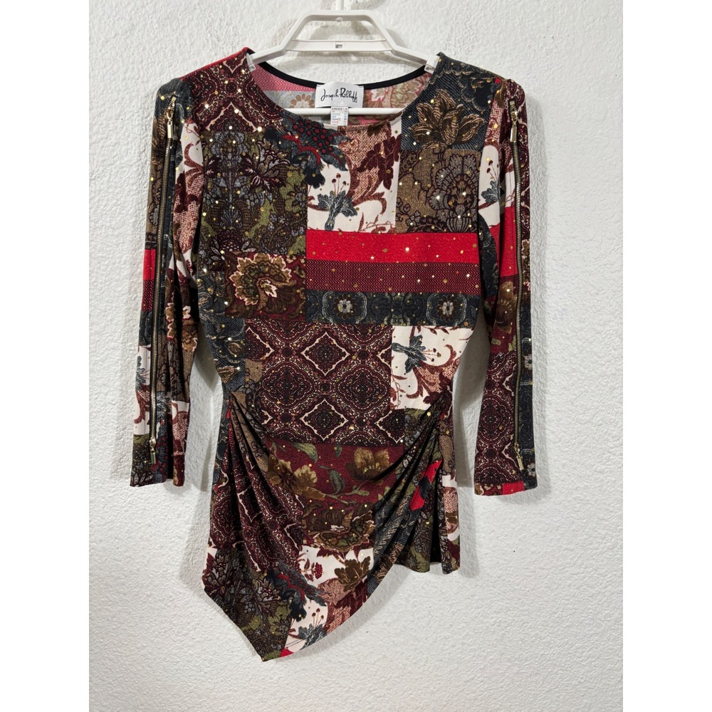 Joseph Ribkoff Tunic Women 8 Multicolor Ruched Asymmetrical Zipper Sleeve
